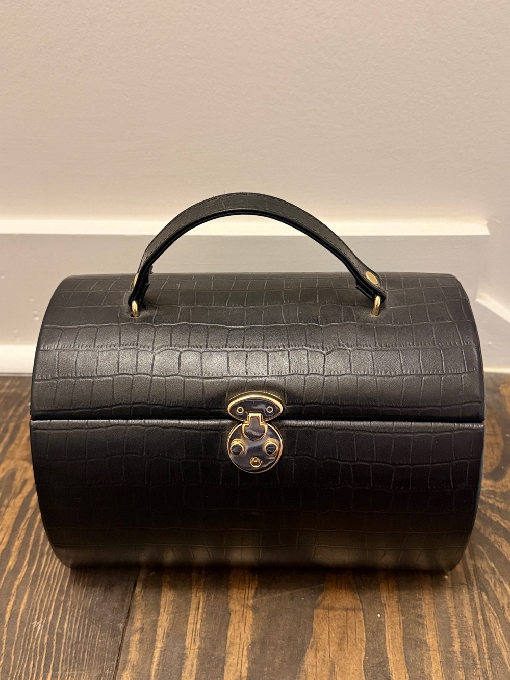 Rowallan Black Croc-Embossed Travel Jewelry Case with Gold Hardware